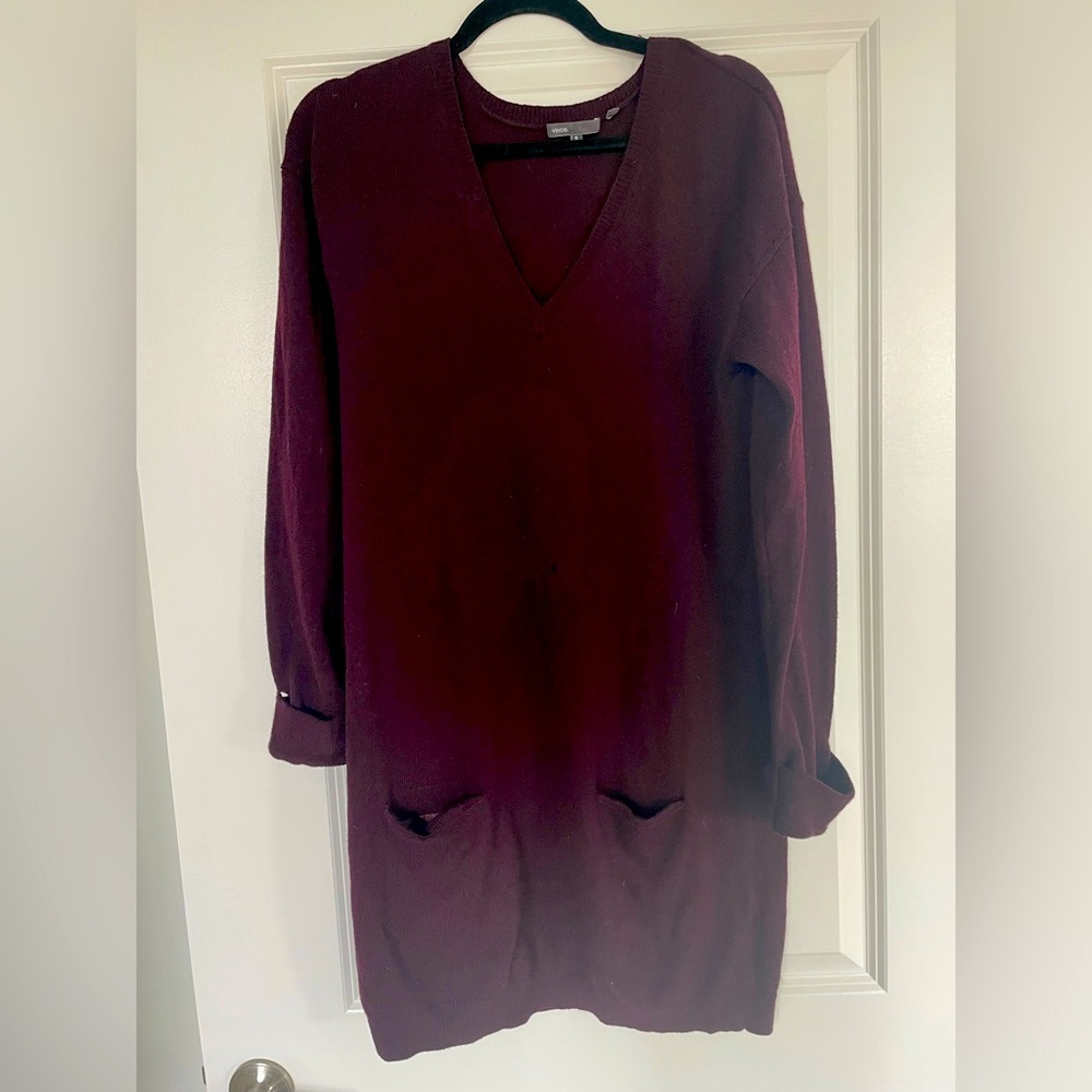 Vince Wool Blent Deep Burgundy V-Neck Sweater Dress with Pockets